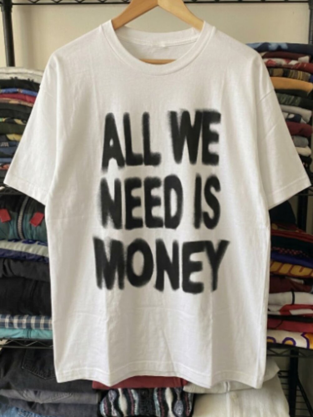 All We Need Is Money Graphic T-Shirt White Stencil Print Size M